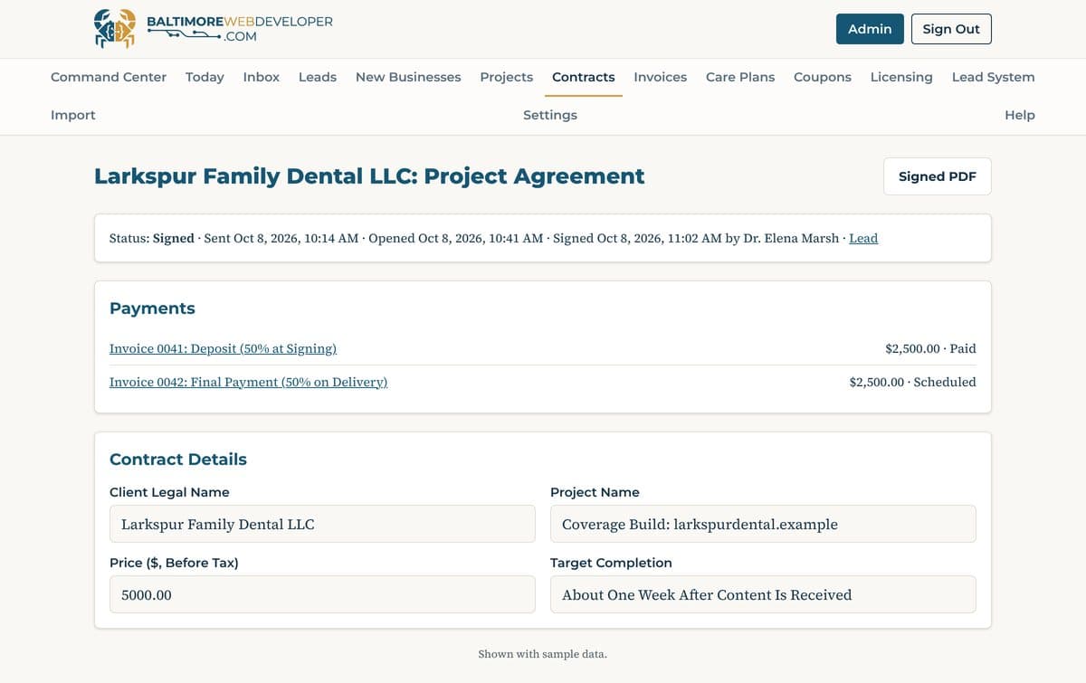 Baltimore Web Developer admin, contract page: status showing when the agreement was sent, opened and signed, the deposit and final payment invoices, and the contract details (sample data)