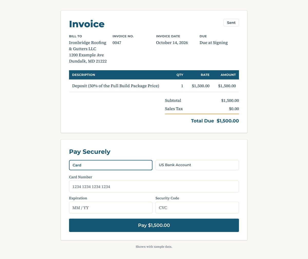 Baltimore Web Developer invoice page: a deposit invoice with line items and total, and a secure payment form for card or bank account (sample data)