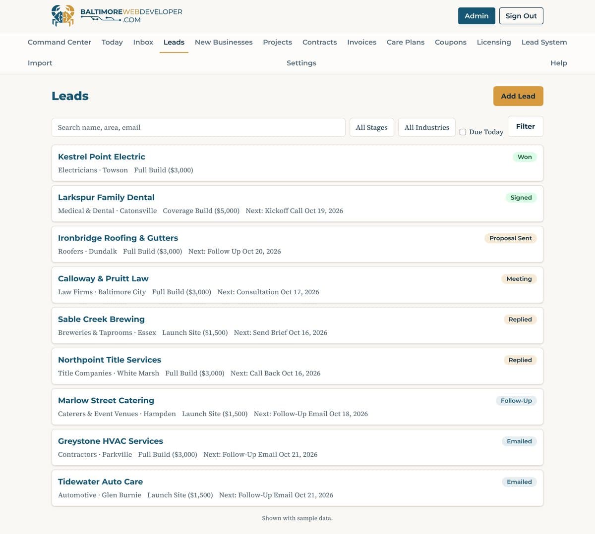 Baltimore Web Developer admin, Leads page: a list of businesses with their industry, area, package and next step, each tagged by stage from Emailed to Won (sample data)