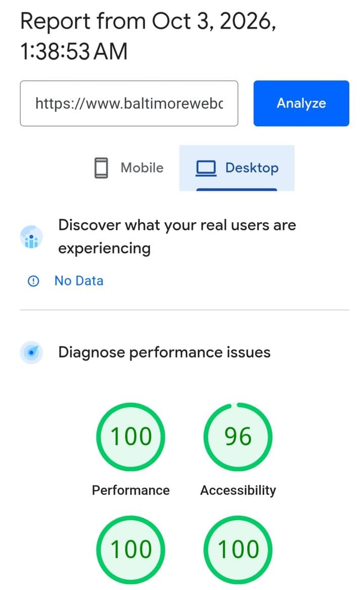 Google PageSpeed Insights desktop report for baltimorewebdeveloper.com, October 3, 2026: Performance 100, Accessibility 96, Best Practices 100, SEO 100