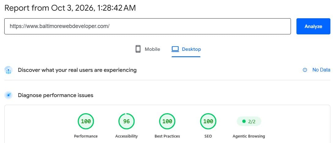 Google PageSpeed Insights desktop report for baltimorewebdeveloper.com, October 3, 2026: Performance 100, Accessibility 96, Best Practices 100, SEO 100, Agentic Browsing 2/2