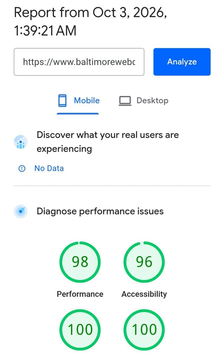 Google PageSpeed Insights mobile report for baltimorewebdeveloper.com, October 3, 2026: Performance 98, Accessibility 96, Best Practices 100, SEO 100