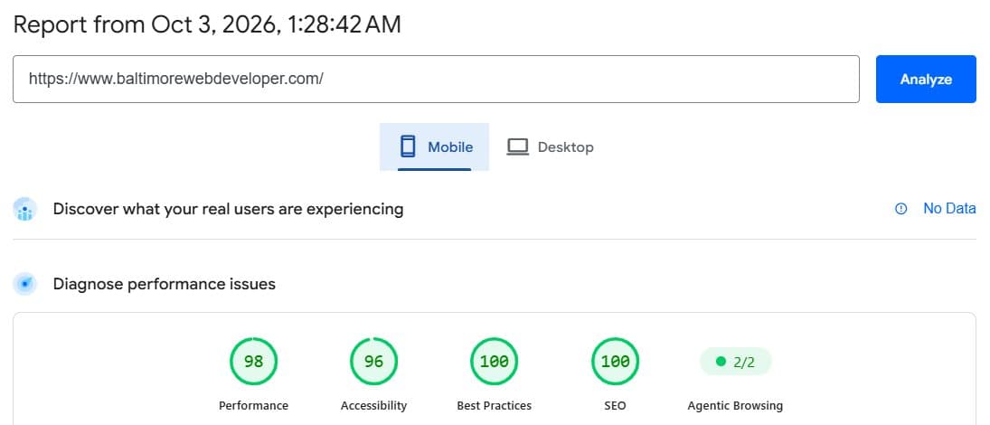 Google PageSpeed Insights mobile report for baltimorewebdeveloper.com, October 3, 2026: Performance 98, Accessibility 96, Best Practices 100, SEO 100, Agentic Browsing 2/2
